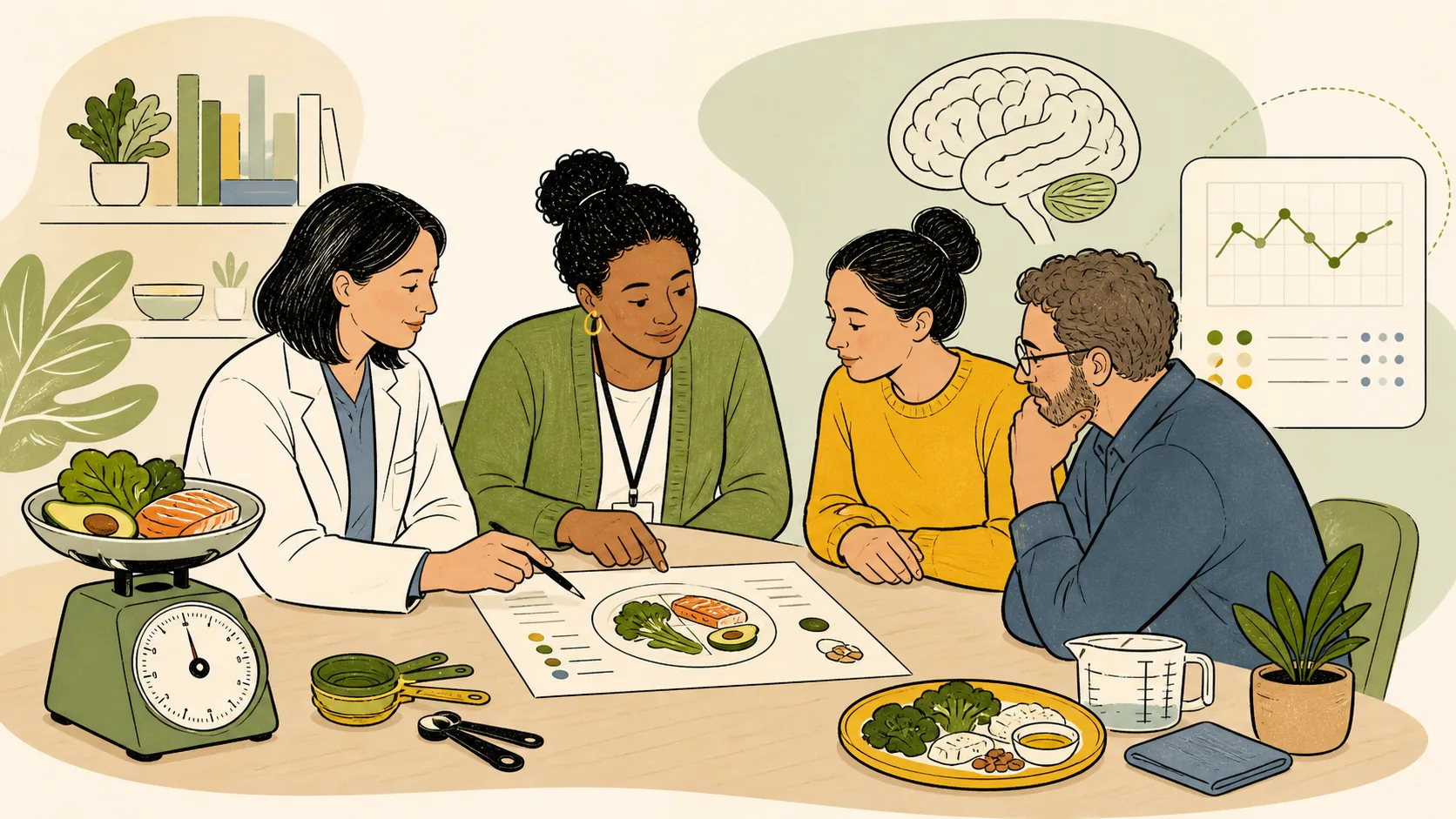 Hand-drawn hospital ketogenic-diet care team reviewing a meal tray, laboratory results, and a patient care plan together