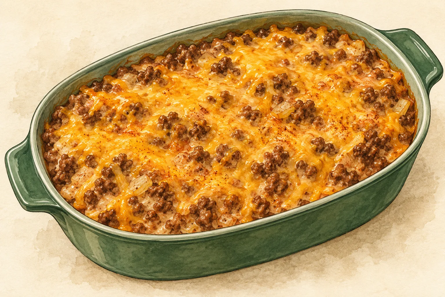 Painted illustration of a cheeseburger casserole in a baking dish.