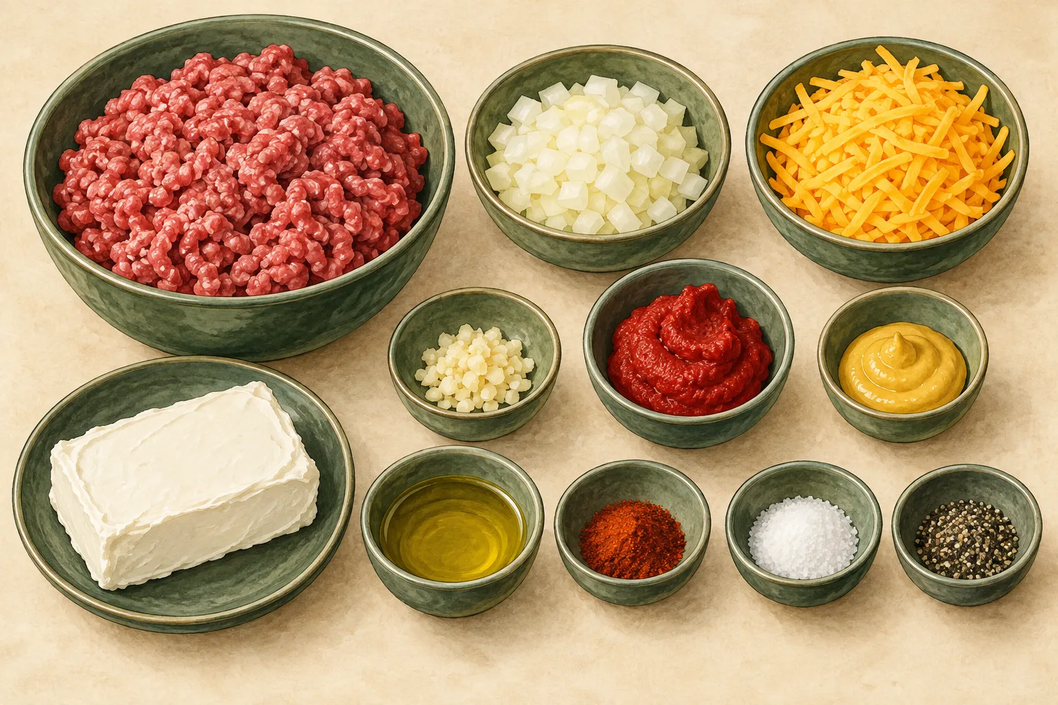 Painted illustration of ground beef, yellow onion, garlic, tomato paste, mustard, cream cheese, cheddar, olive oil, smoked paprika, salt and black pepper arranged together.