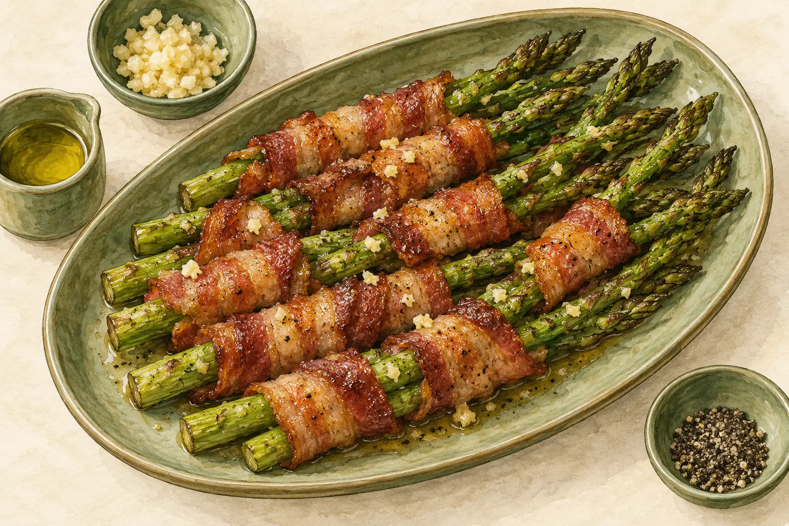 Painted illustration of bacon-wrapped asparagus spears on a plate.