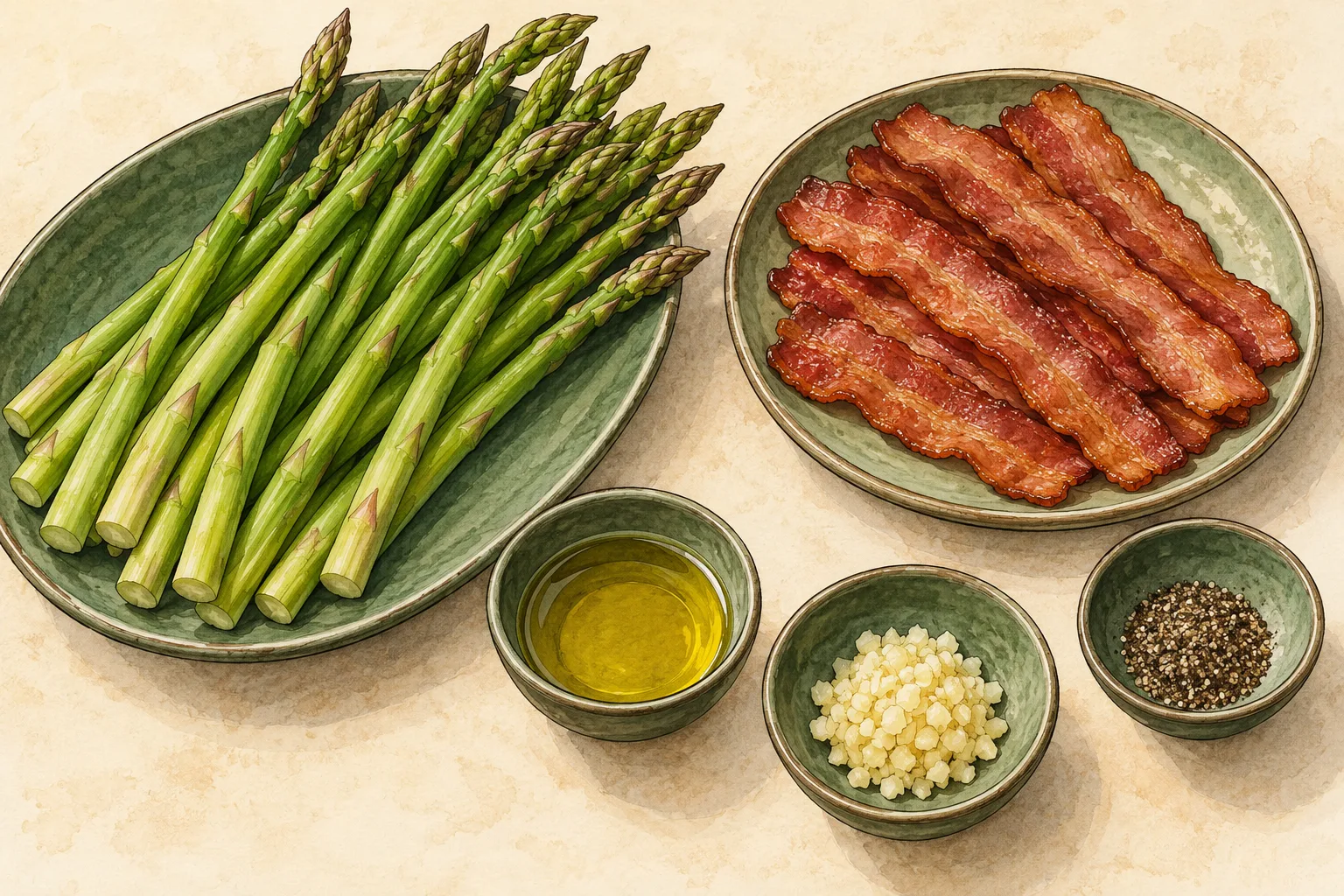 Painted illustration of fresh asparagus spears, bacon, olive oil, garlic and black pepper arranged together.