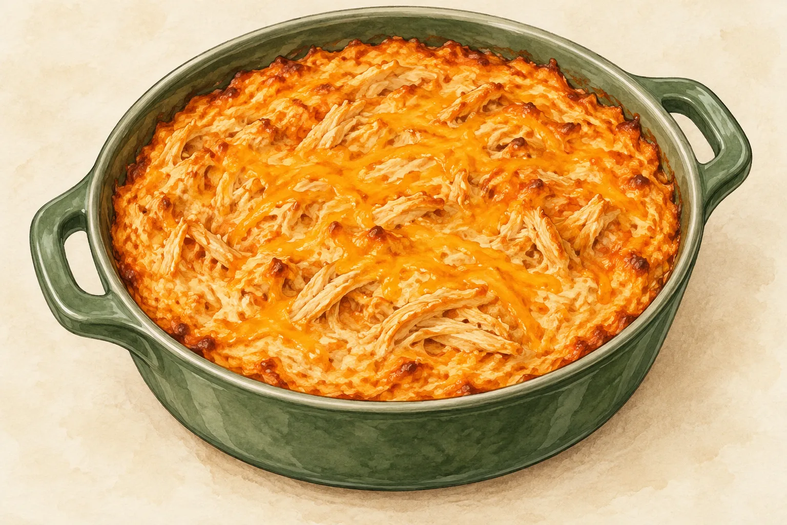 Painted illustration of a bowl of buffalo chicken dip.