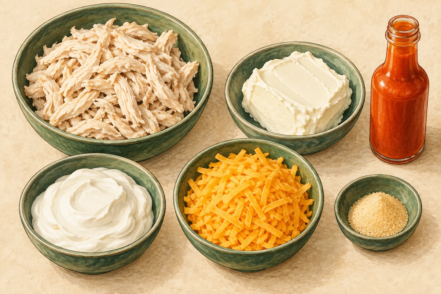 Painted illustration of shredded chicken breast, cream cheese, sour cream, hot sauce, cheddar and garlic powder arranged together.
