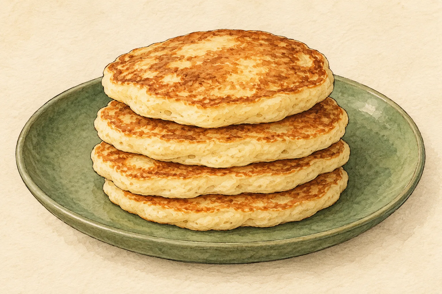 Painted illustration of almond-flour cream-cheese pancakes on a plate.