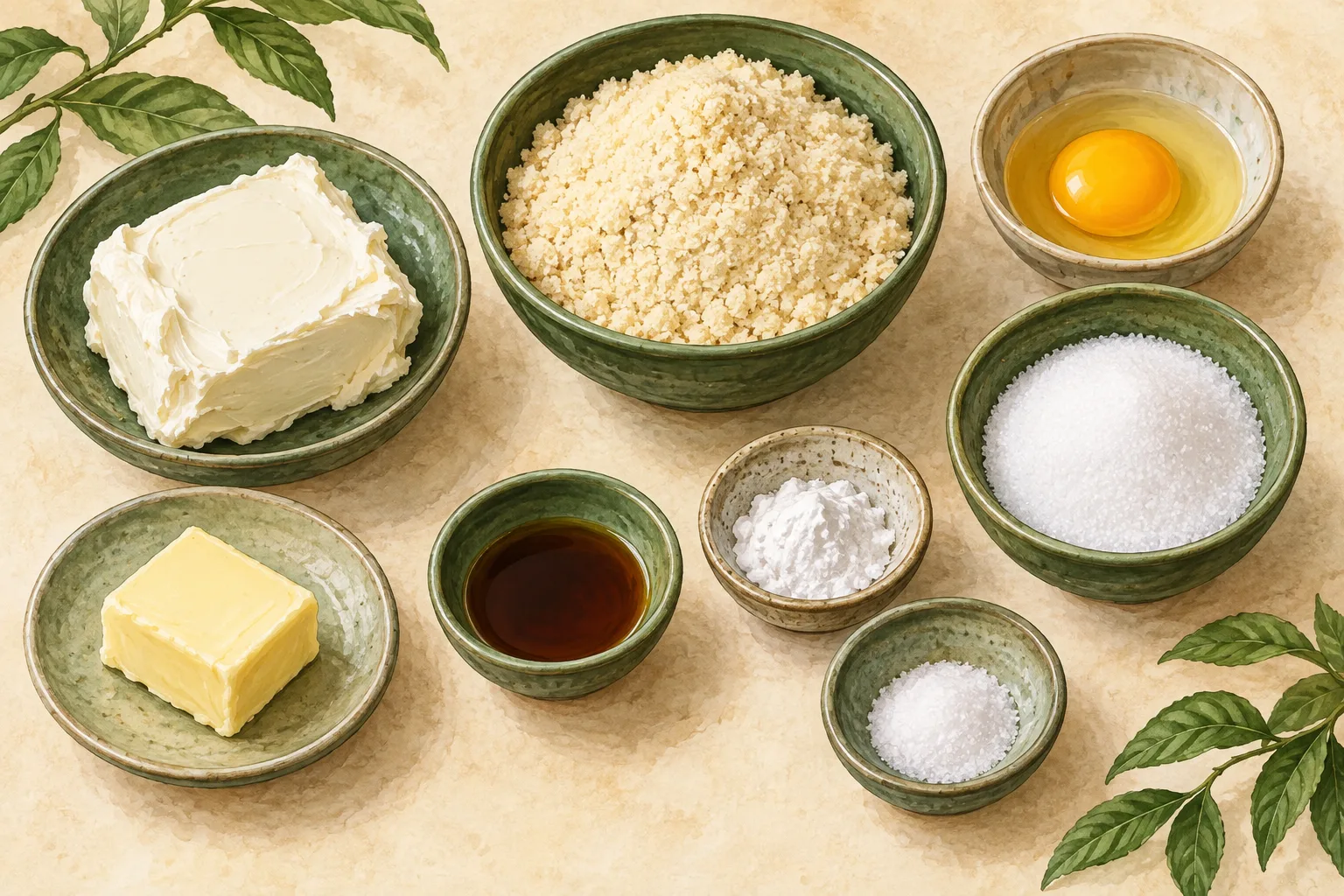 Painted illustration of cream cheese, egg, almond flour, allulose, baking powder, vanilla extract, salt and butter arranged together.