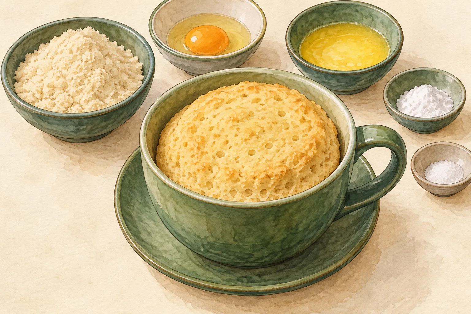 Painted illustration of a piece of microwave almond-flour bread.