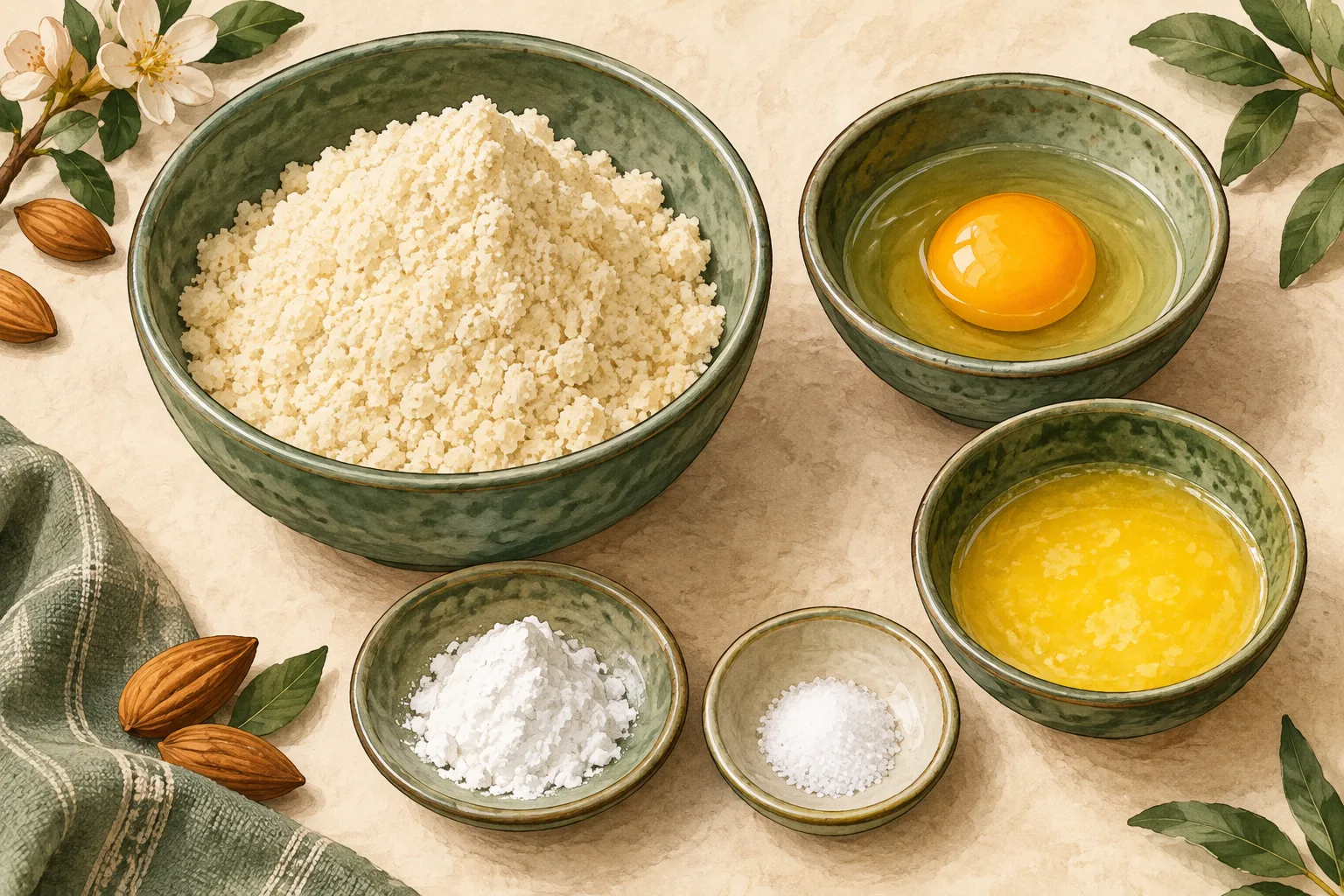 Painted illustration of an egg, almond flour, butter, baking powder and salt arranged together.