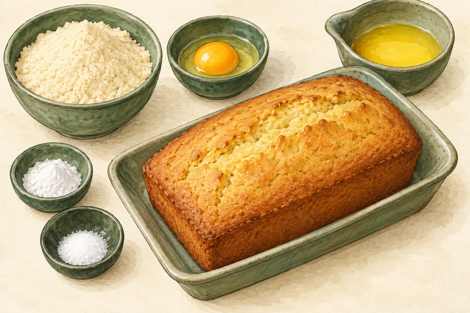 Painted illustration of an almond-flour loaf on a board.