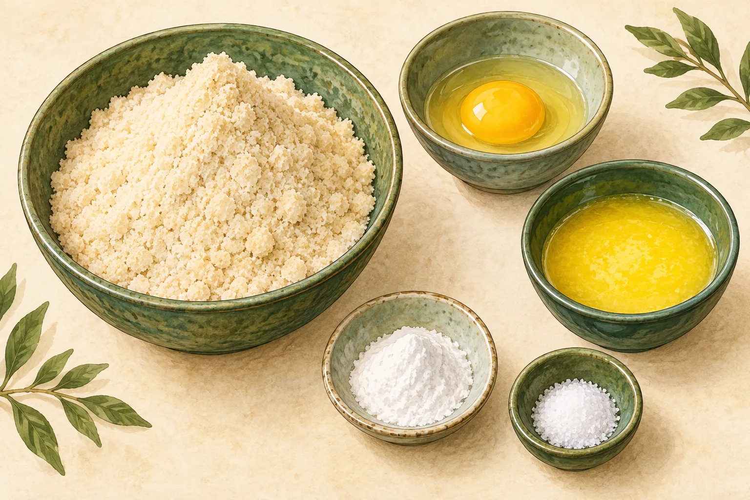 Painted illustration of almond flour, an egg, butter, baking powder and salt arranged together.