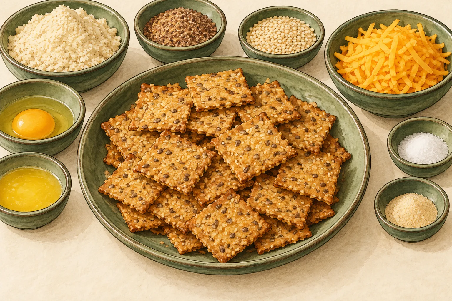 Painted illustration of seed-and-cheese crackers on a serving surface.