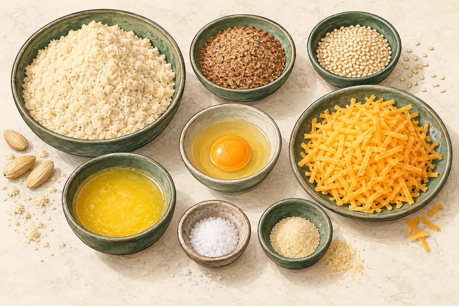 Painted illustration of almond flour, ground flaxseed, sesame seeds, cheddar, an egg, butter, salt and garlic powder arranged together.