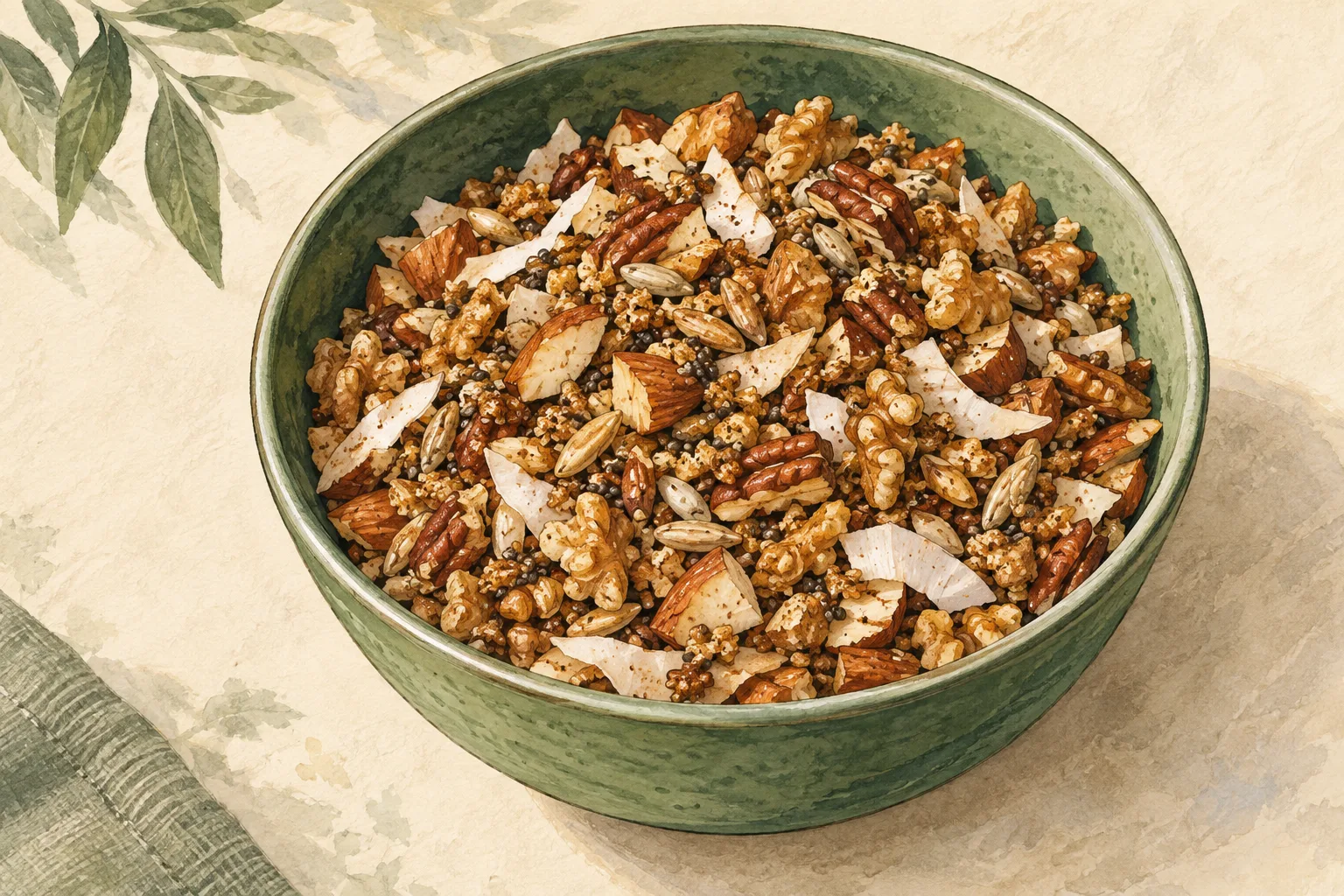 Painted illustration of a bowl of nut-and-seed granola.