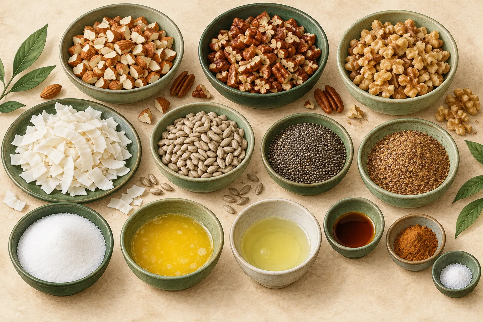 Painted illustration of almonds, pecans, walnuts, coconut flakes, sunflower seeds, chia seeds, flaxseed, allulose, butter, egg white, vanilla, cinnamon and salt arranged together.