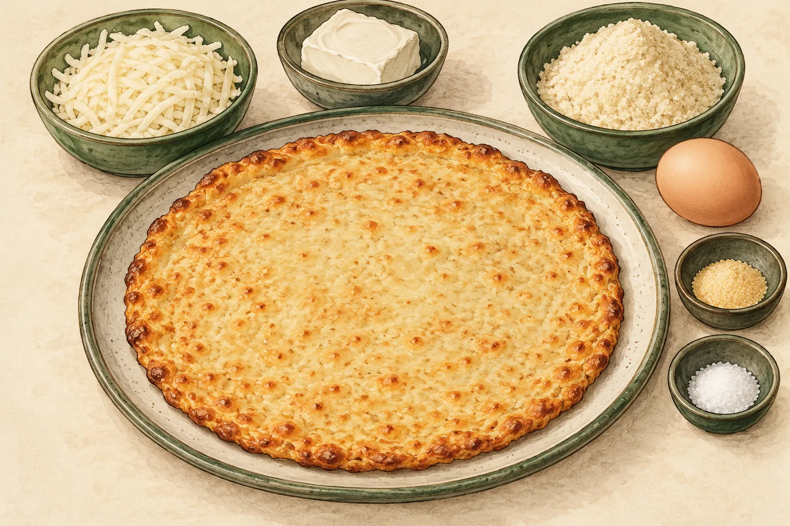 Painted illustration of a cheese-and-almond-flour pizza crust.