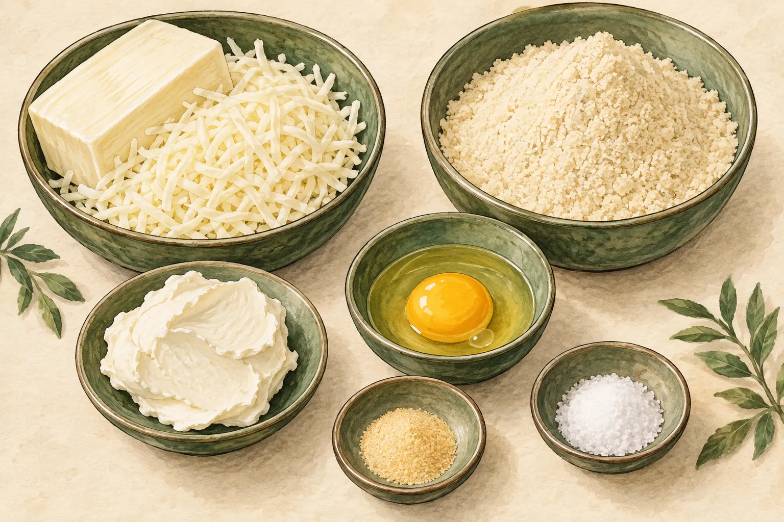 Painted illustration of mozzarella, cream cheese, almond flour, an egg, garlic powder and salt arranged together.