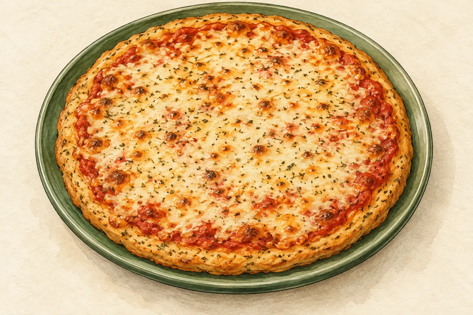 Painted illustration of an almond-flour cheese pizza.