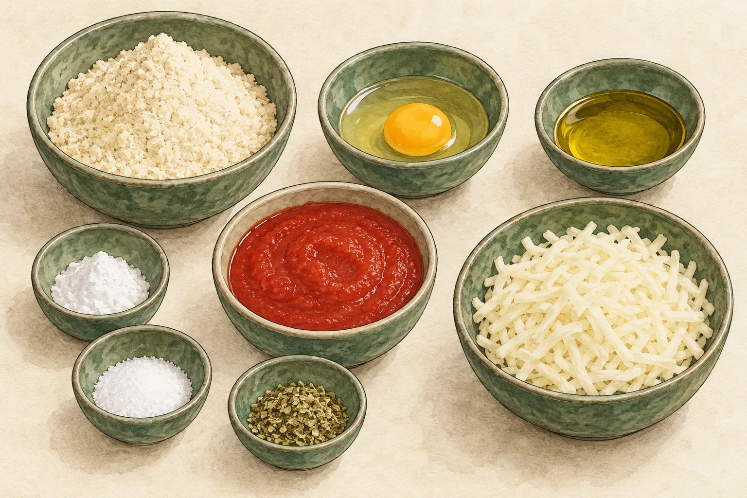 Painted illustration of almond flour, an egg, olive oil, baking powder, salt, oregano, strained tomatoes and mozzarella arranged together.