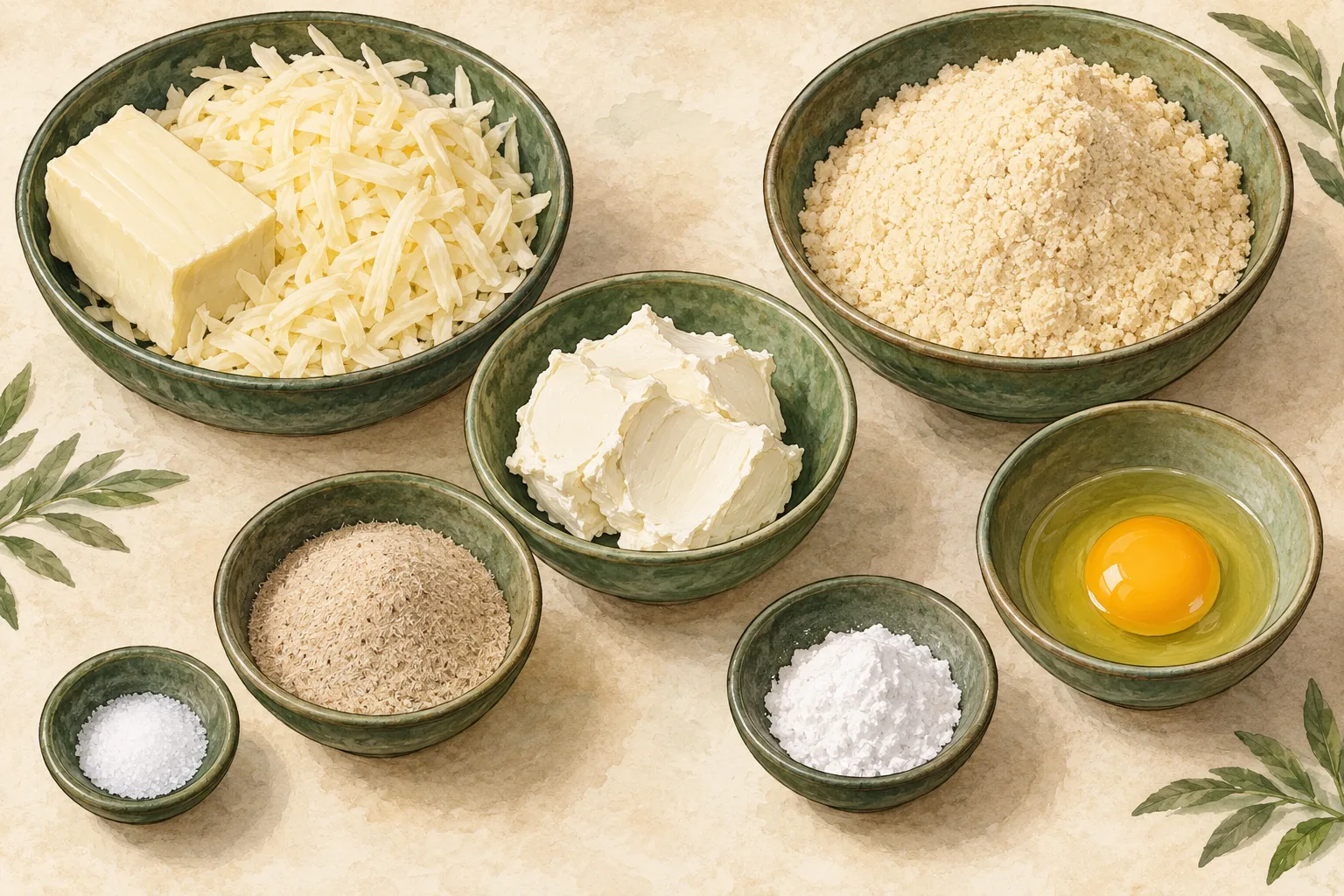 Painted illustration of mozzarella, cream cheese, almond flour, psyllium husk powder, baking powder, an egg and salt arranged together.