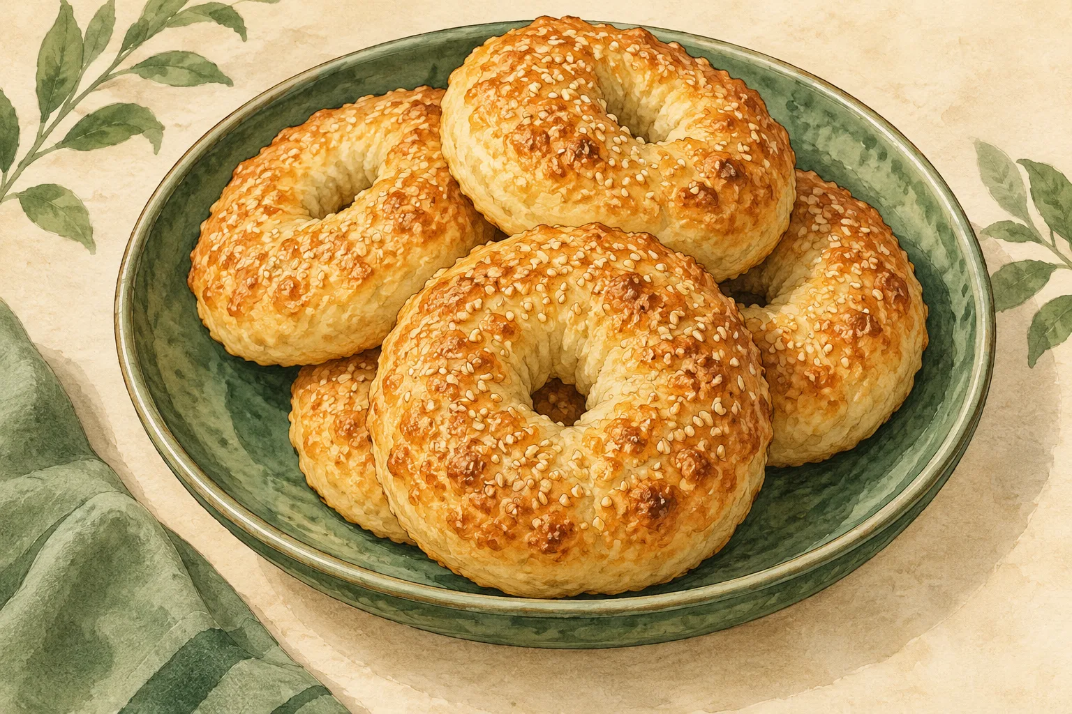 Painted illustration of cheese-and-almond-flour bagels.