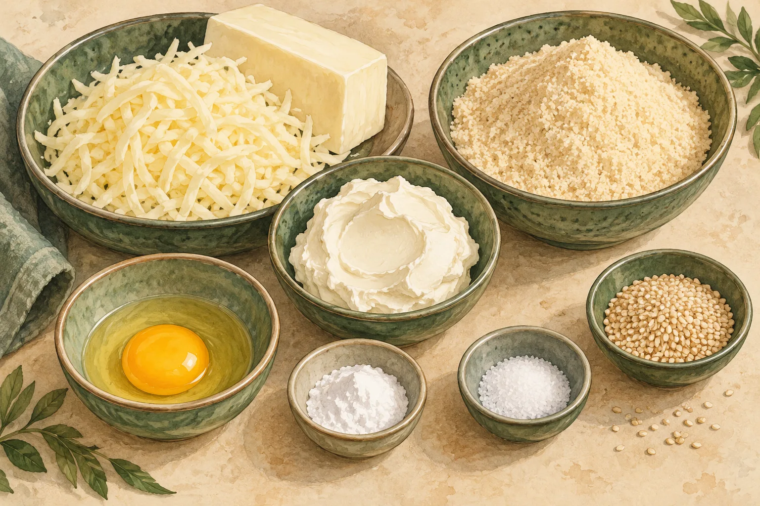 Painted illustration of mozzarella, cream cheese, almond flour, an egg, baking powder, salt and sesame seeds arranged together.