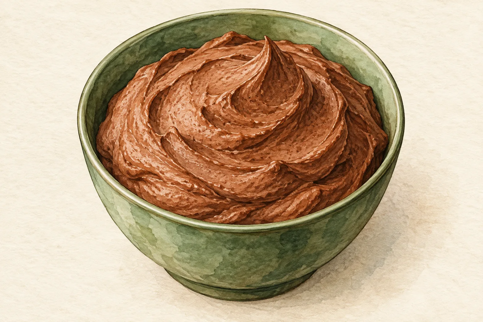 Painted illustration of a serving of chocolate cream-cheese mousse in a glass.