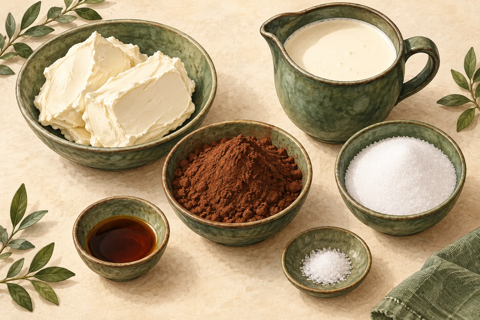 Painted illustration of cream cheese, heavy whipping cream, cocoa powder, allulose, vanilla extract and salt arranged together.