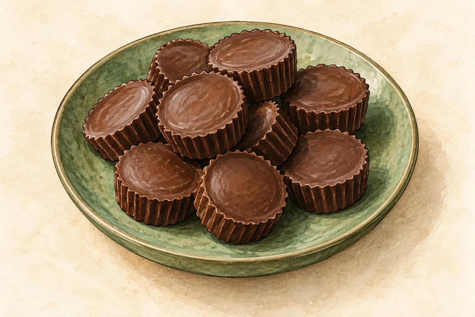 Painted illustration of chocolate peanut-butter fat bombs on a plate.