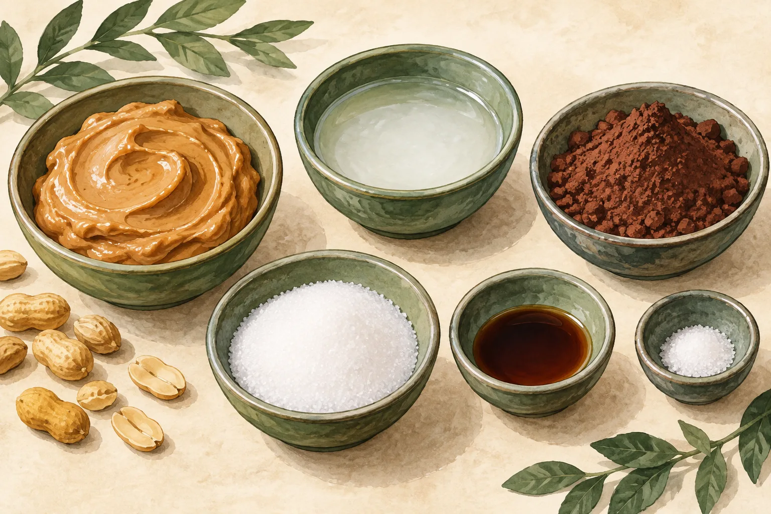 Painted illustration of unsweetened peanut butter, coconut oil, cocoa powder, allulose, vanilla extract and salt arranged together.