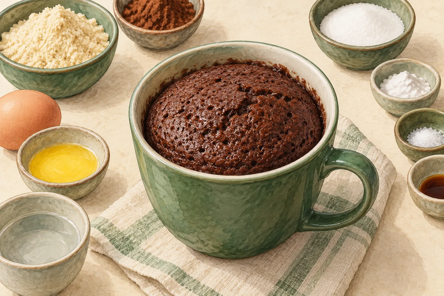 Painted illustration of a chocolate almond-flour cake in a mug.
