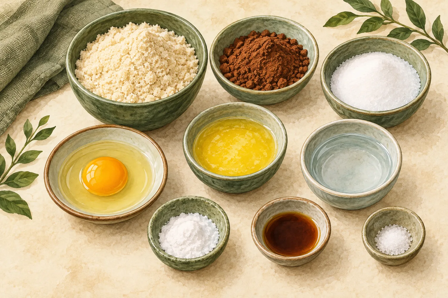Painted illustration of almond flour, cocoa powder, allulose, baking powder, an egg, butter, water, vanilla extract and salt arranged together.