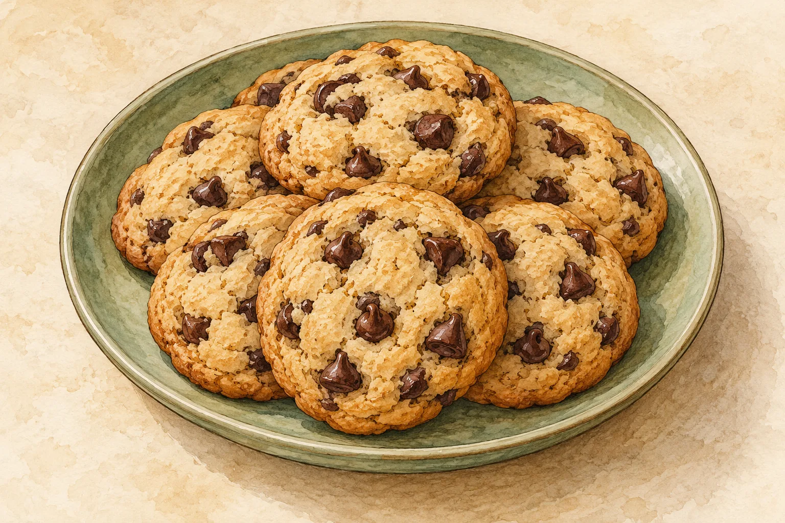 Painted illustration of almond-flour chocolate-chip cookies on a plate.