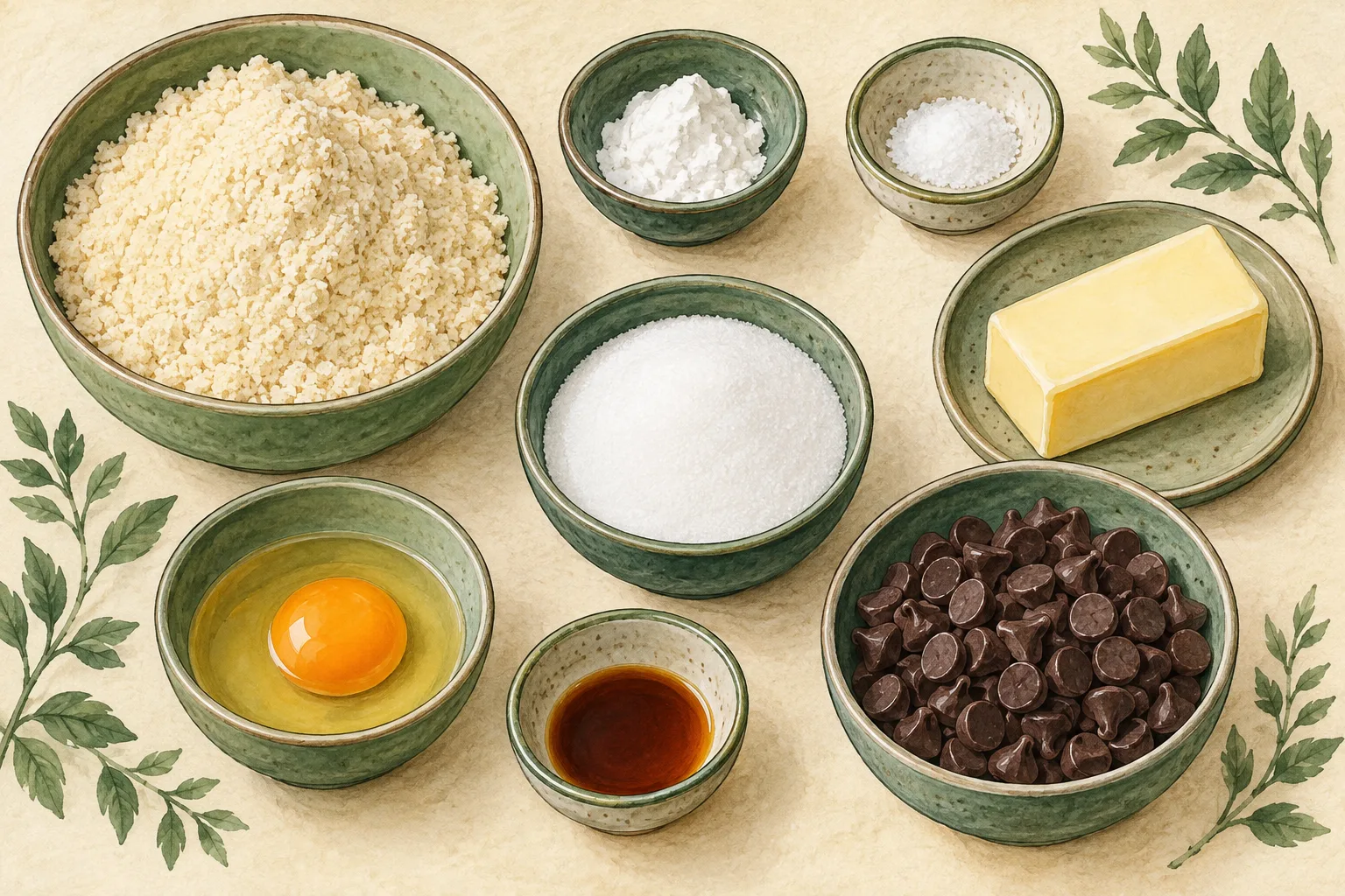 Painted ingredient concept showing the recipe's ingredients, including the selected chocolate-style baking chips; not a photograph of a finished or tested result.