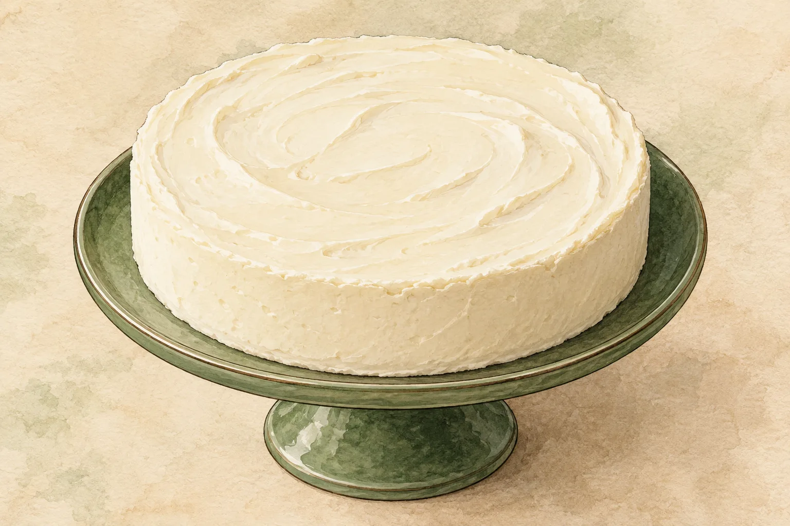 Painted illustration of a crustless no-bake cheesecake on a serving plate.