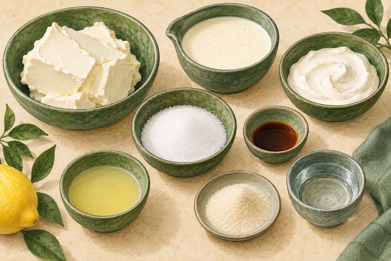 Painted illustration of cream cheese, heavy whipping cream, sour cream, allulose, vanilla extract, lemon juice, unflavored gelatin and water arranged together.