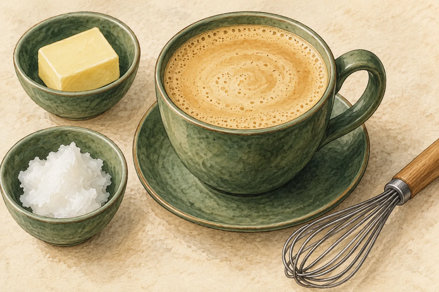Painted concept of a mug of coffee whisked with butter and coconut oil; not a photograph of a tested result.