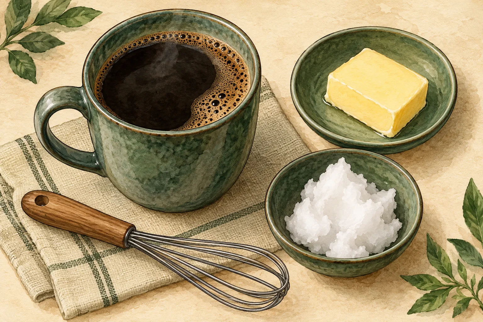 Painted illustration of brewed coffee, butter and coconut oil arranged together.