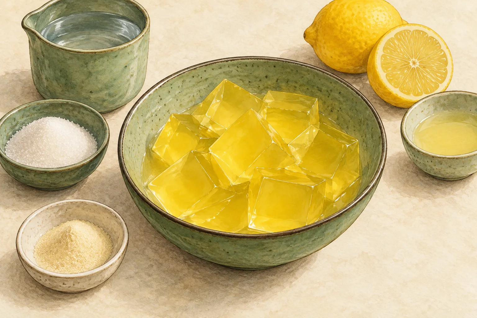 Painted illustration of a lemon gelatin snack in a dish.