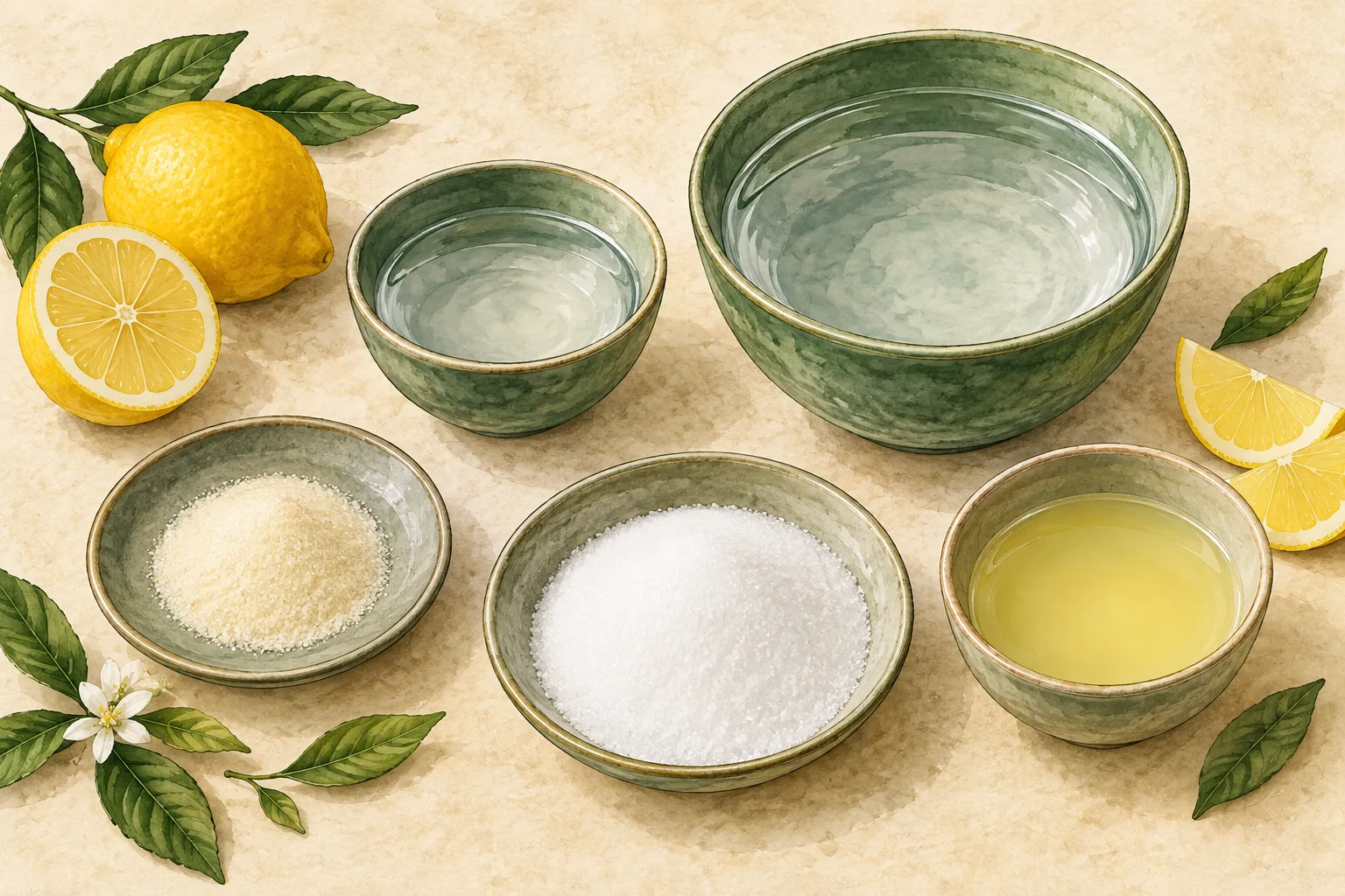 Painted illustration of unflavored gelatin, water, allulose and lemon juice arranged together.