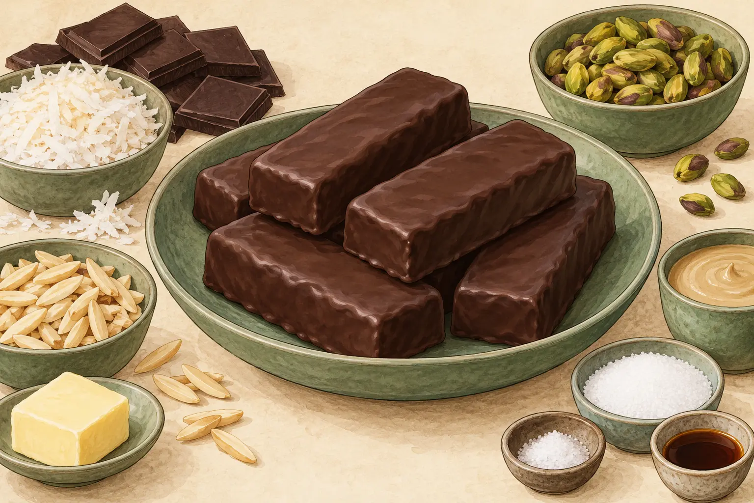 Painted illustration of a pistachio, coconut and chocolate bar.