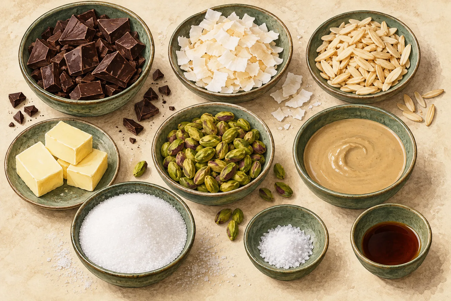 Painted illustration of dark baking chocolate, coconut flakes, almond slivers, butter, pistachios, tahini, allulose, salt and vanilla extract arranged together.
