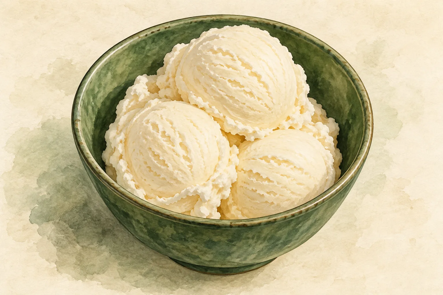 Painted illustration of a bowl of no-churn vanilla ice cream.
