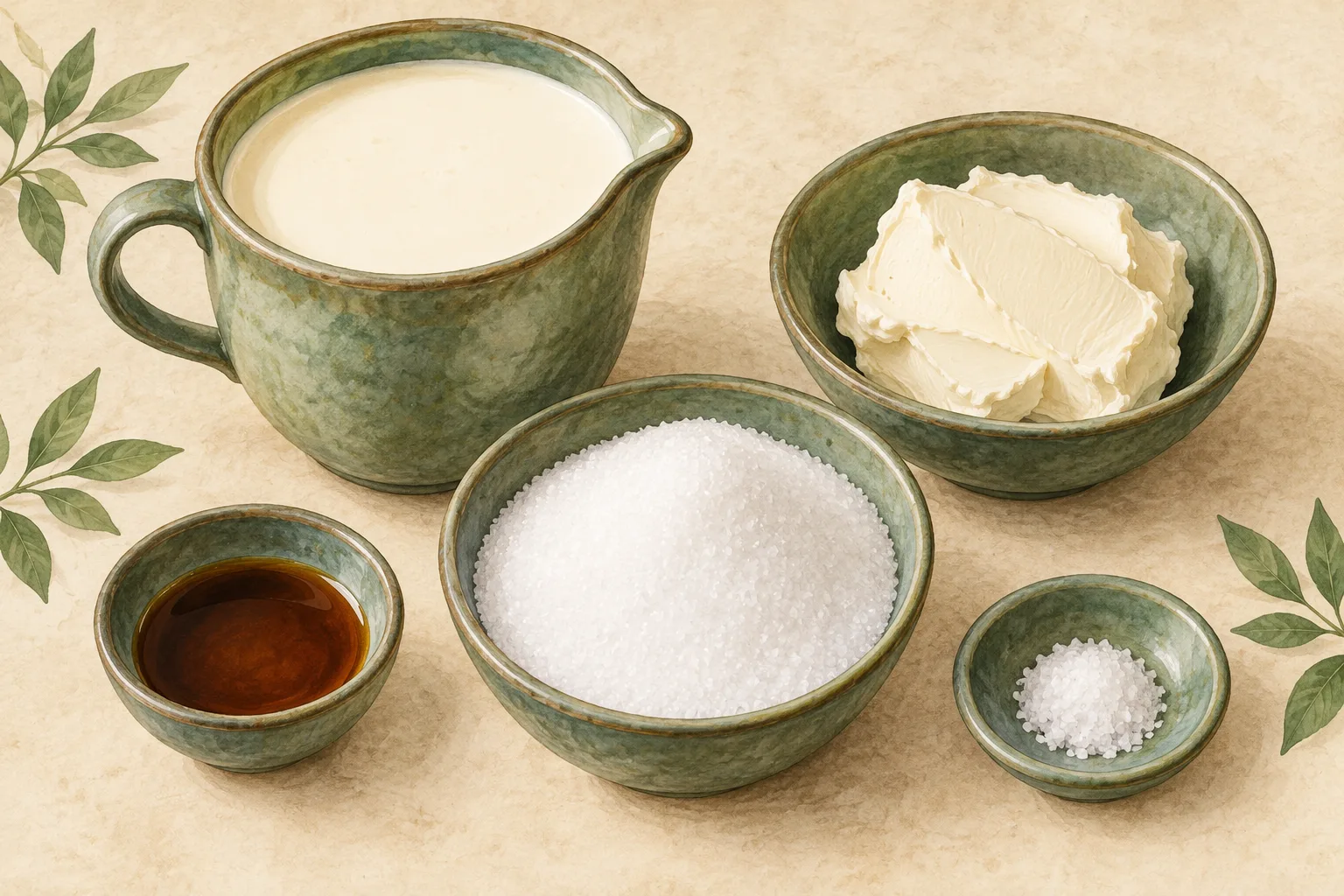 Painted illustration of heavy whipping cream, cream cheese, allulose, vanilla extract and salt arranged together.