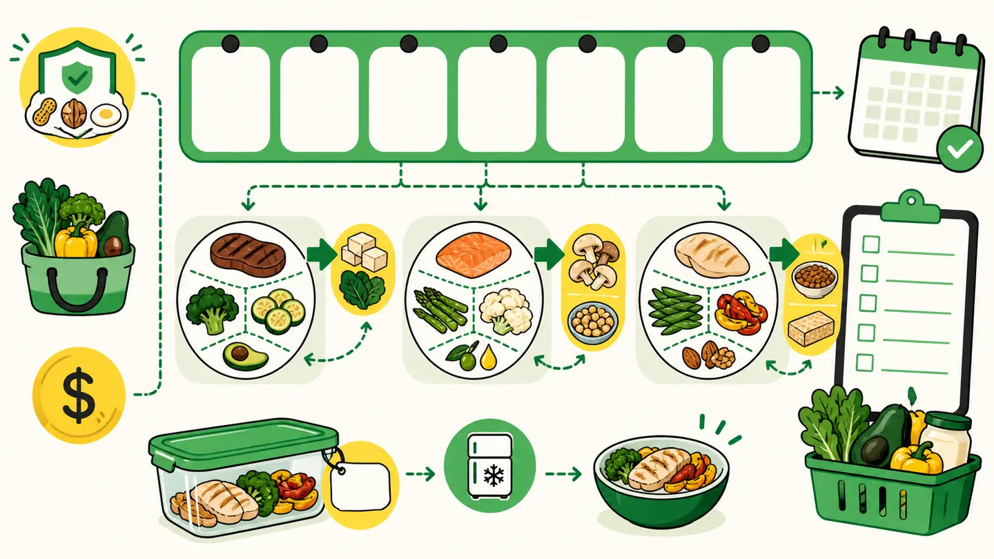 Illustrated weekly planning board with repeatable meals, food swaps, a grocery checklist, budget marker, leftovers, and freezer storage
