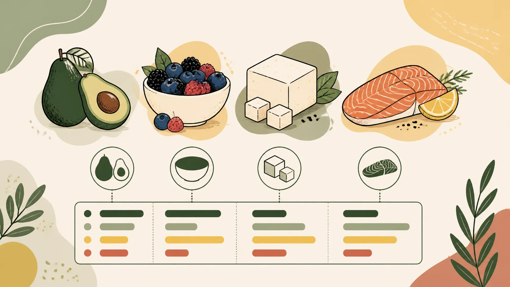 Editorial drawing of avocado, berries, tofu, fish, and an abstract nutrition comparison panel
