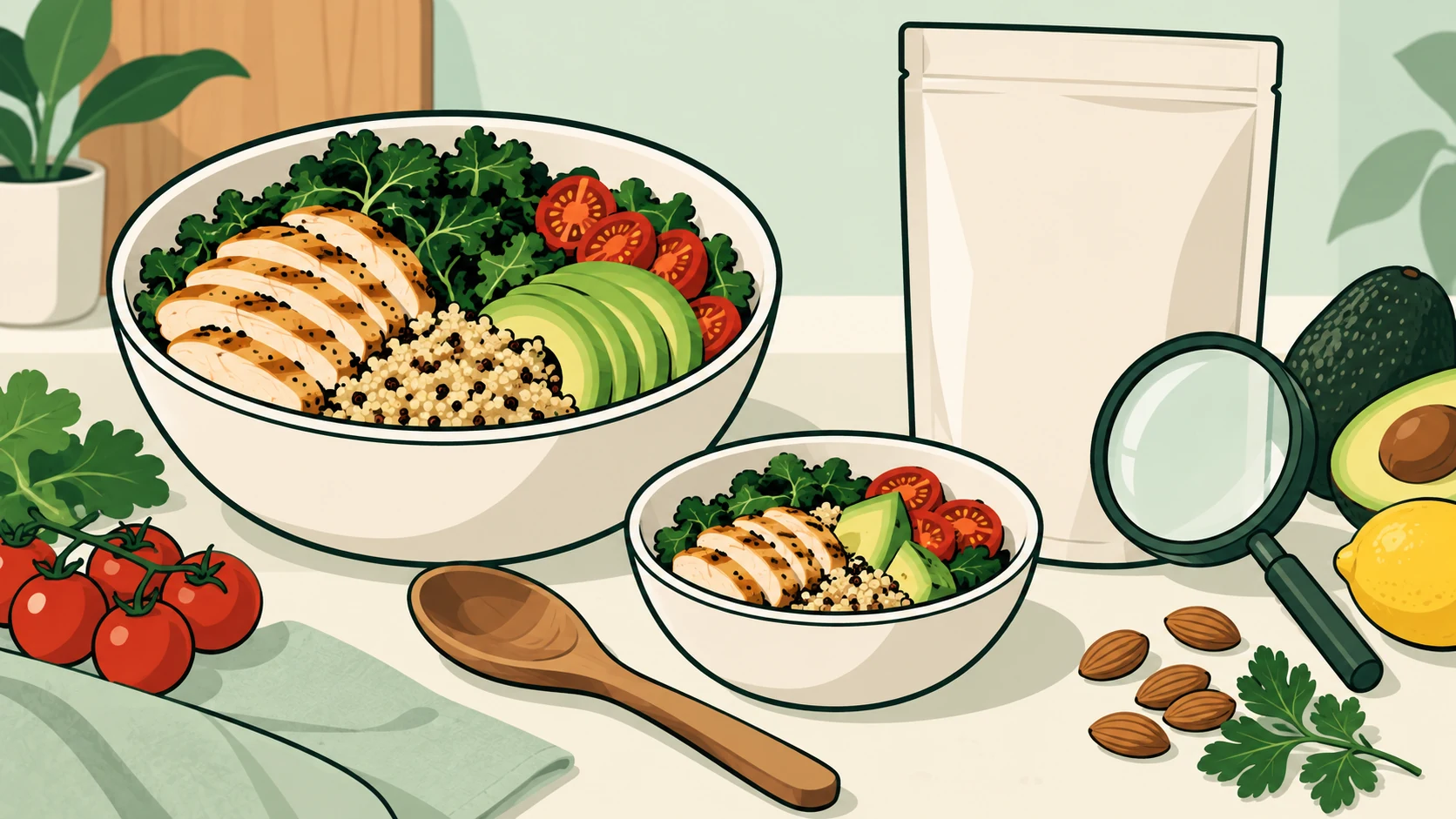 A practical food decision using a portion bowl, whole foods, a plain package, and a magnifier
