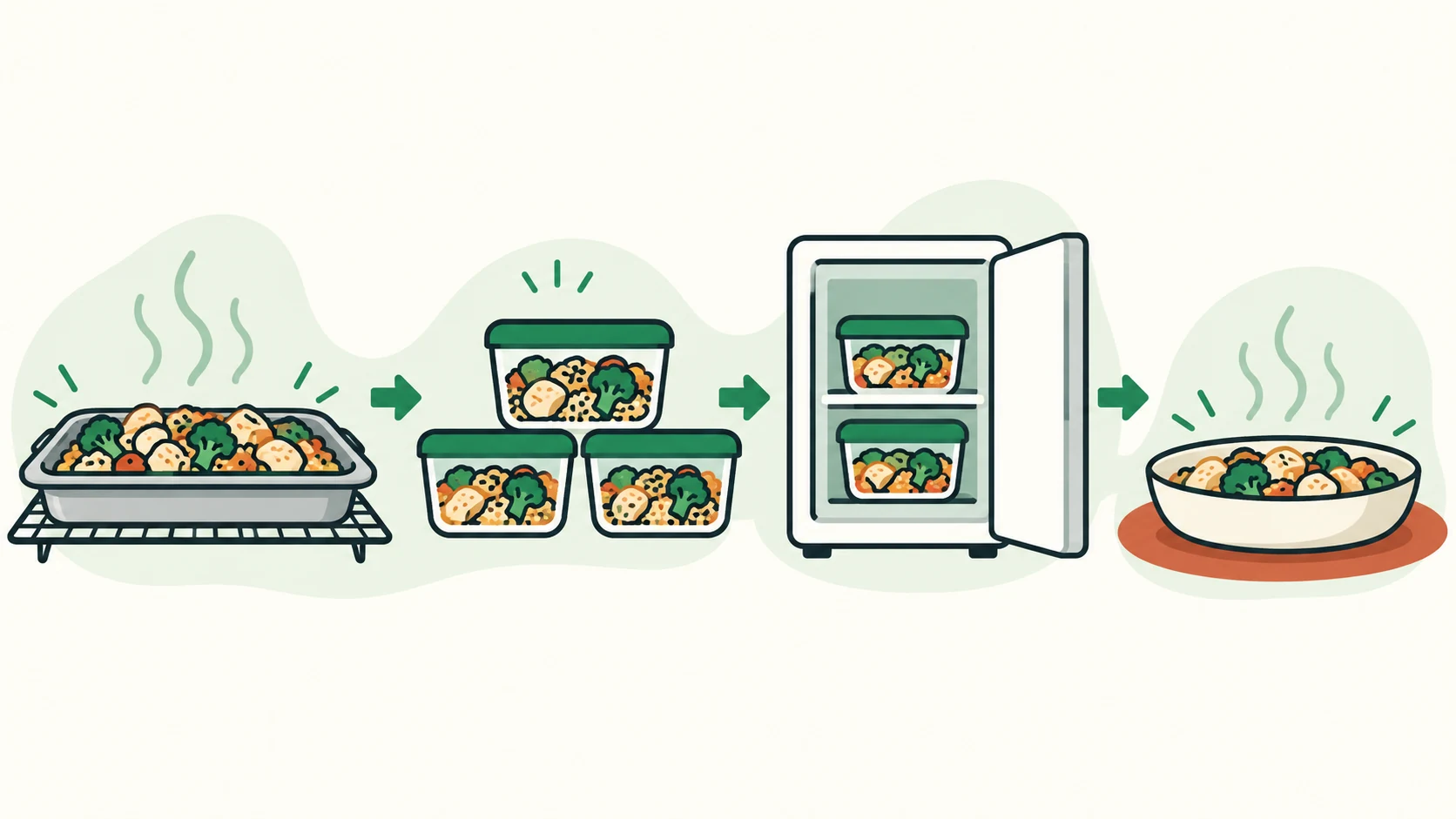 A safe cooling, portioning, freezing, and reheating workflow