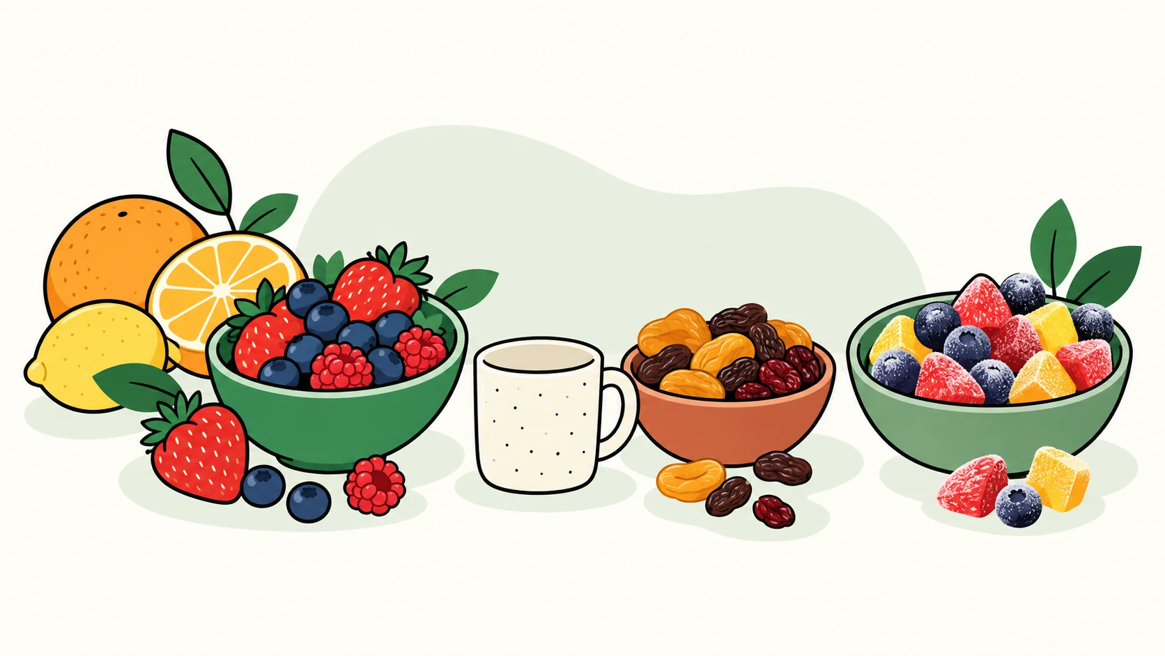 Whole, dried, and frozen fruit forms with neutral portion context