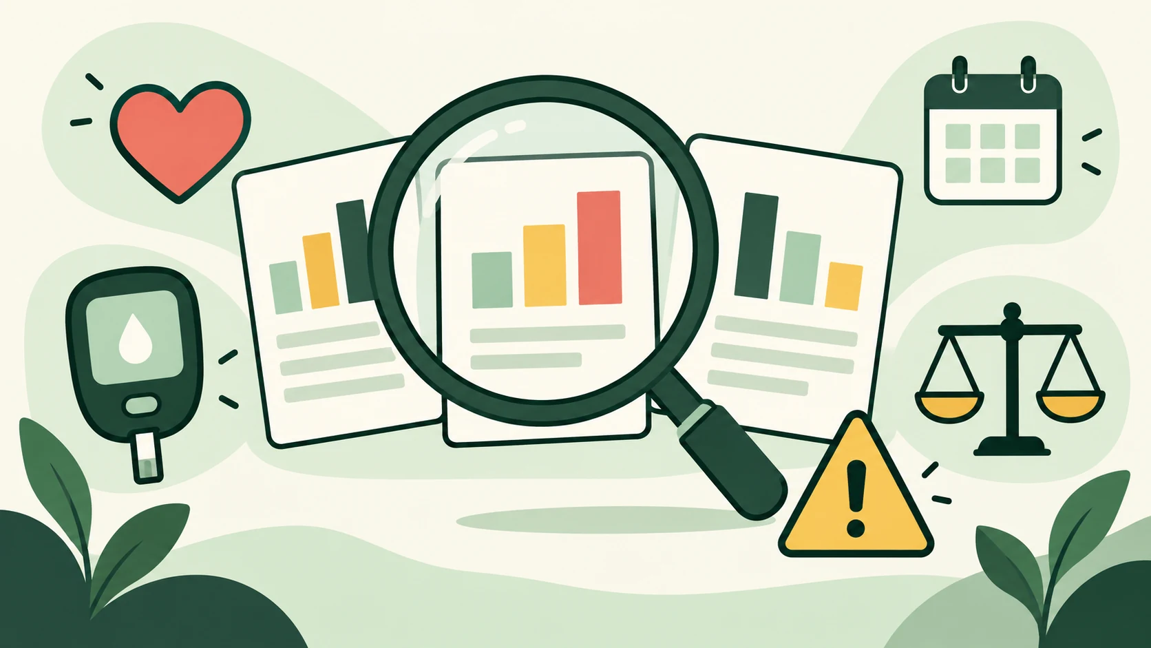 Research cards and magnified outcome symbols illustrate review across distinct results, study duration, and uncertainty