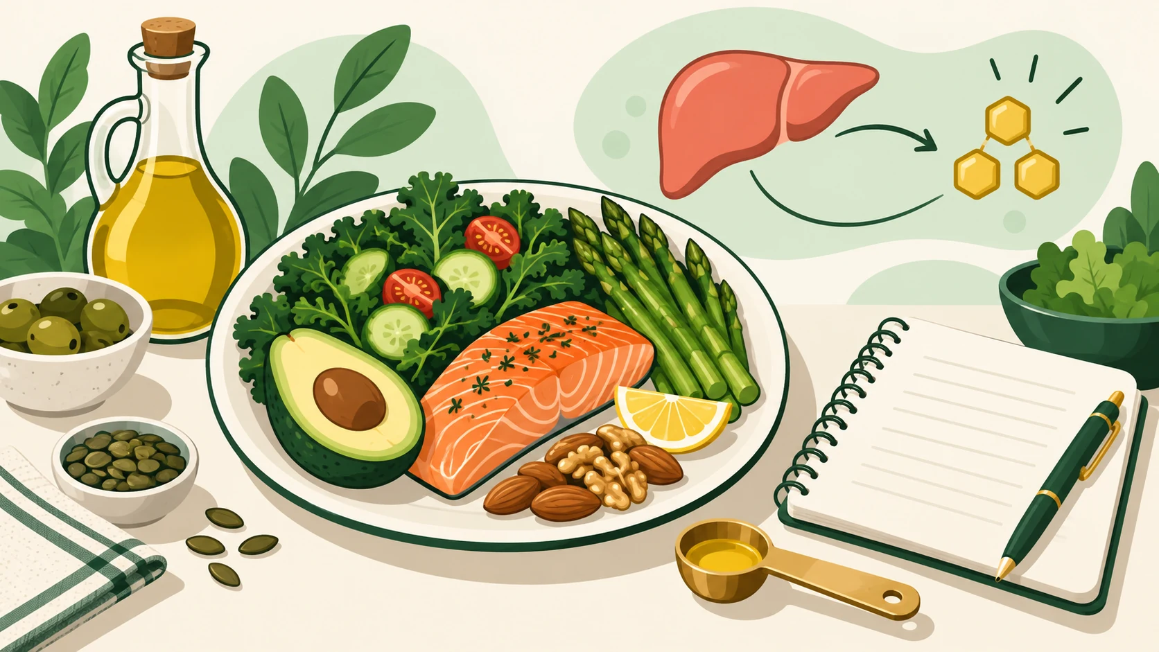 A foundational keto plate with non-starchy vegetables, protein, and fats alongside a simplified learning pathway