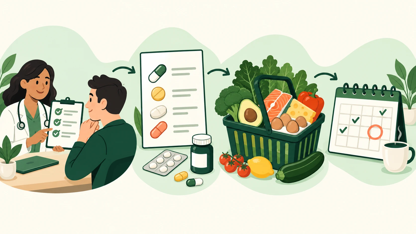 A stepwise safety discussion connecting clinician review, medication list, food planning, and follow-up